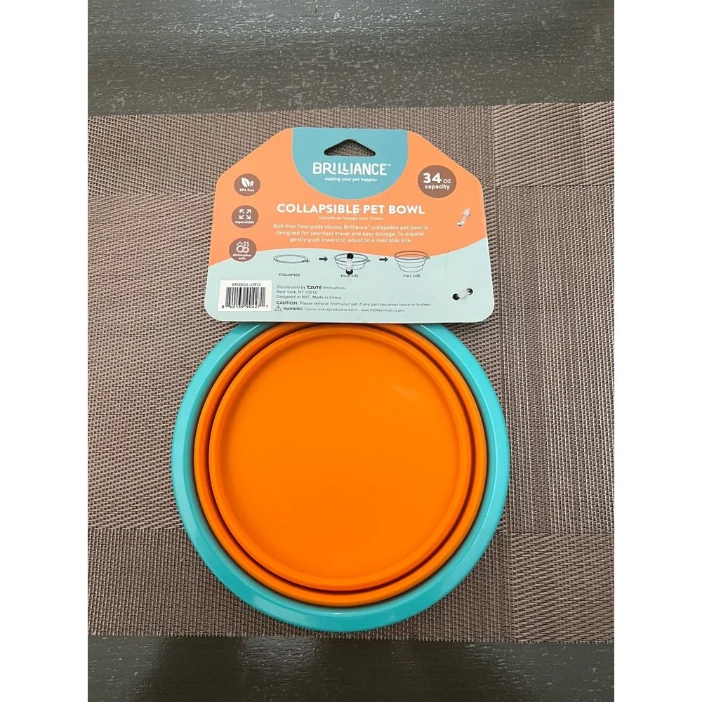 Brilliance Collapsible Pet Bowl 34oz Orange Teal Silicone Travel Dog Food Water